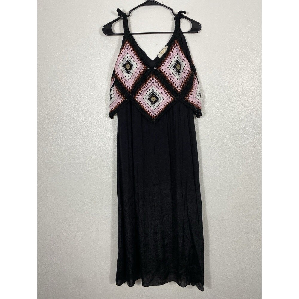 REBELLION Crochet Geometric Maxi Dress Sleeveless Black Pink Size M - Picture 3 of 15